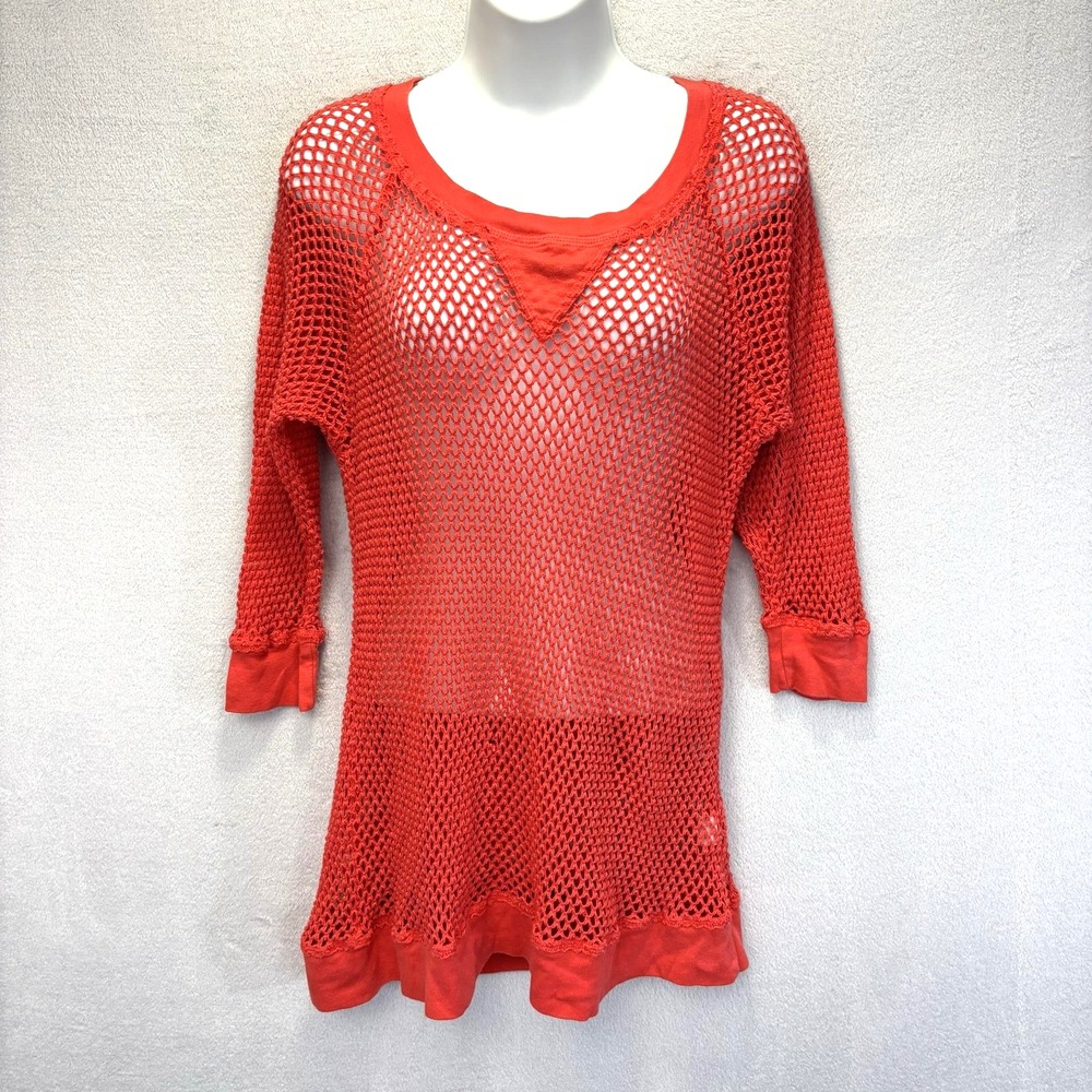 Vintage Y2K Allen Allen Crochet Top Womens M Red Mesh Streetwear Festival Grunge